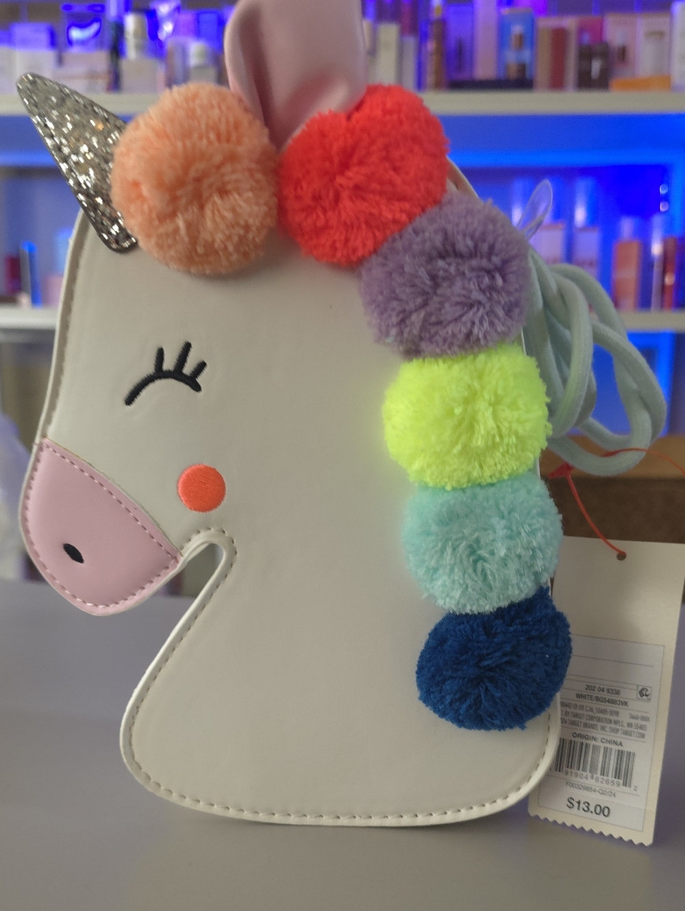 Kids White Unicorn Crossbody Bag with Rainbow Pom-Pom Mane
